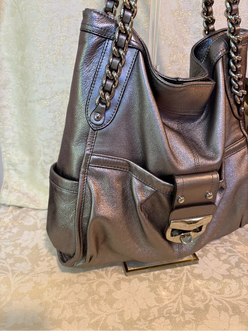 b. makowsky Metallic Pewter Leather Chain-Handle Shoulder Bag - Picture 5 of 15
